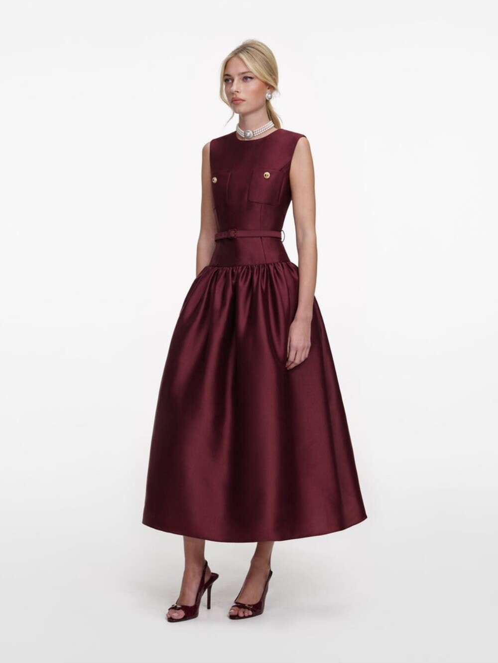 Self-portrait Burgundy Taffeta Midi Dress Size US 8 - Picture 2 of 9